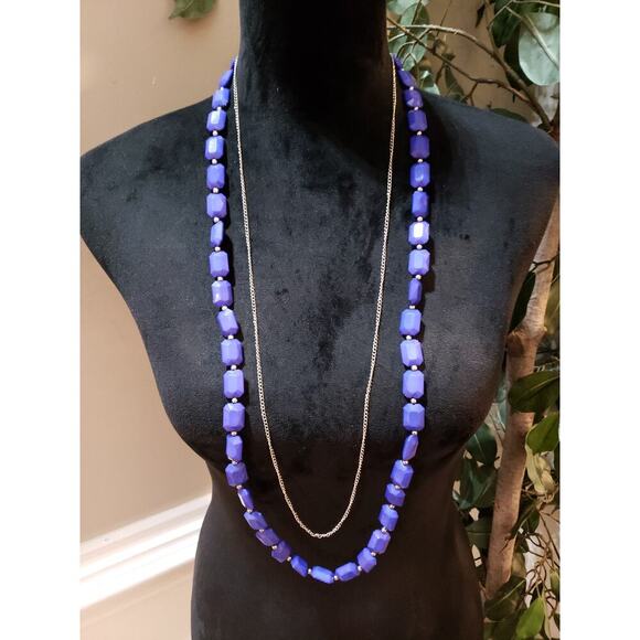Women Fashion 2 Strand Blue Plastic Faceted Beads Link Chain Necklace w/ Lobster - Picture 1 of 7